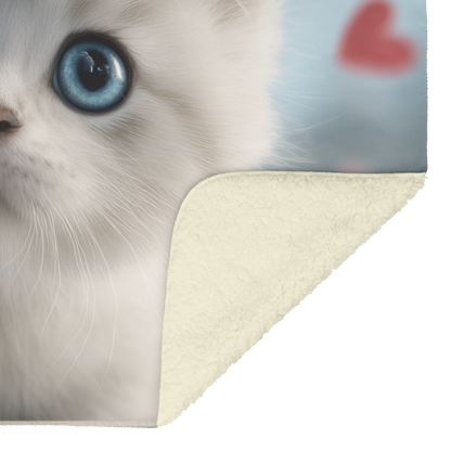 Kitten Inside Valentine Gift Box Bow on Head Surrounded by Heart Confetti Blue Eyes Photorealistic High Resolution Sherpa Fleece Blanket