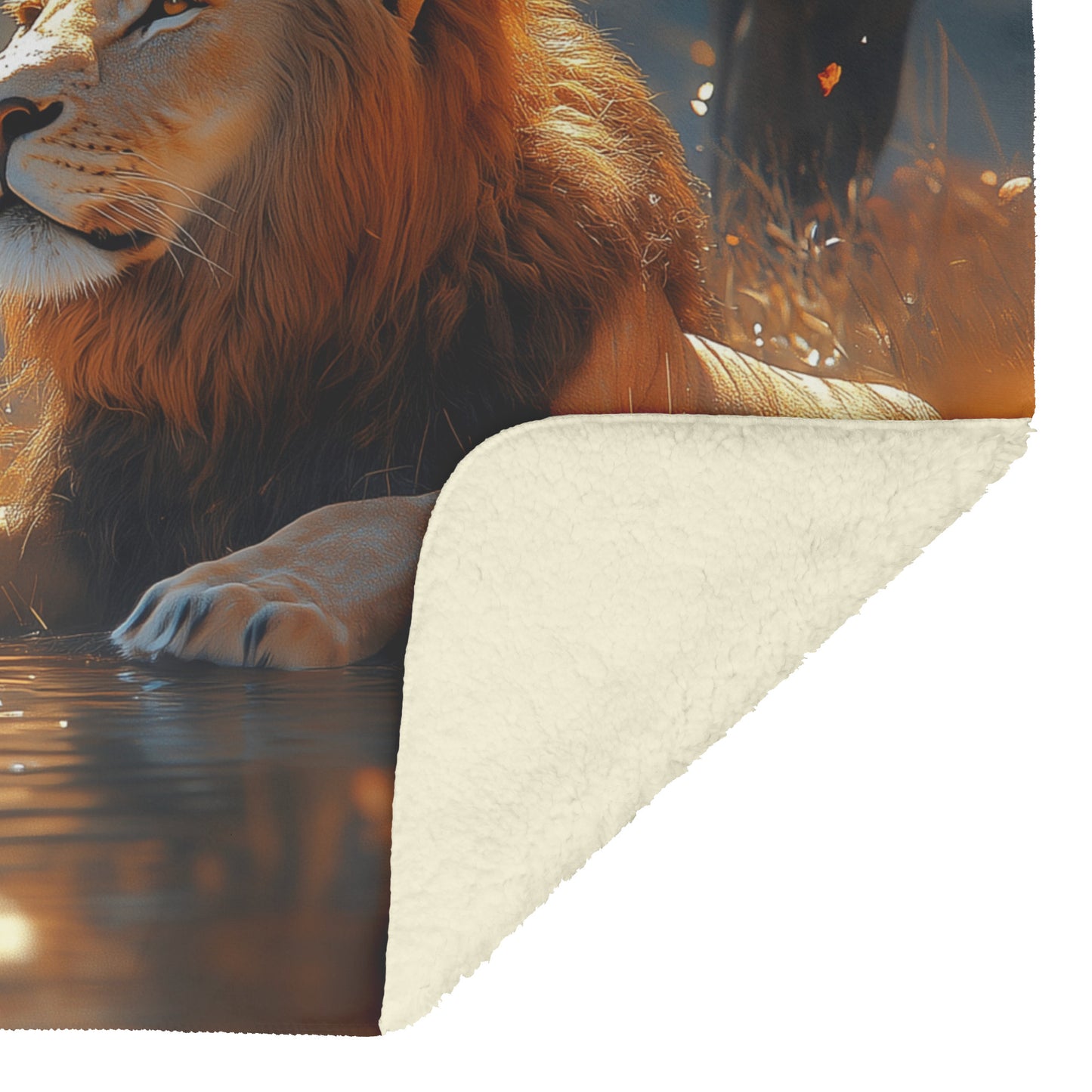 Lion Resting Near Glowing Crystal Waterhole Surrounded by Golden Grass and Acacia Trees Fleece Sherpa Blanket - Awakening Righteousness