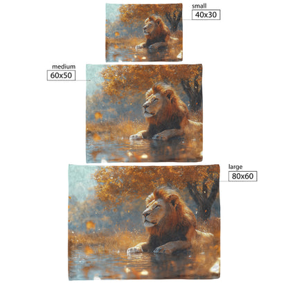 Lion Resting Near Glowing Crystal Waterhole Surrounded by Golden Grass and Acacia Trees Fleece Sherpa Blanket - Awakening Righteousness