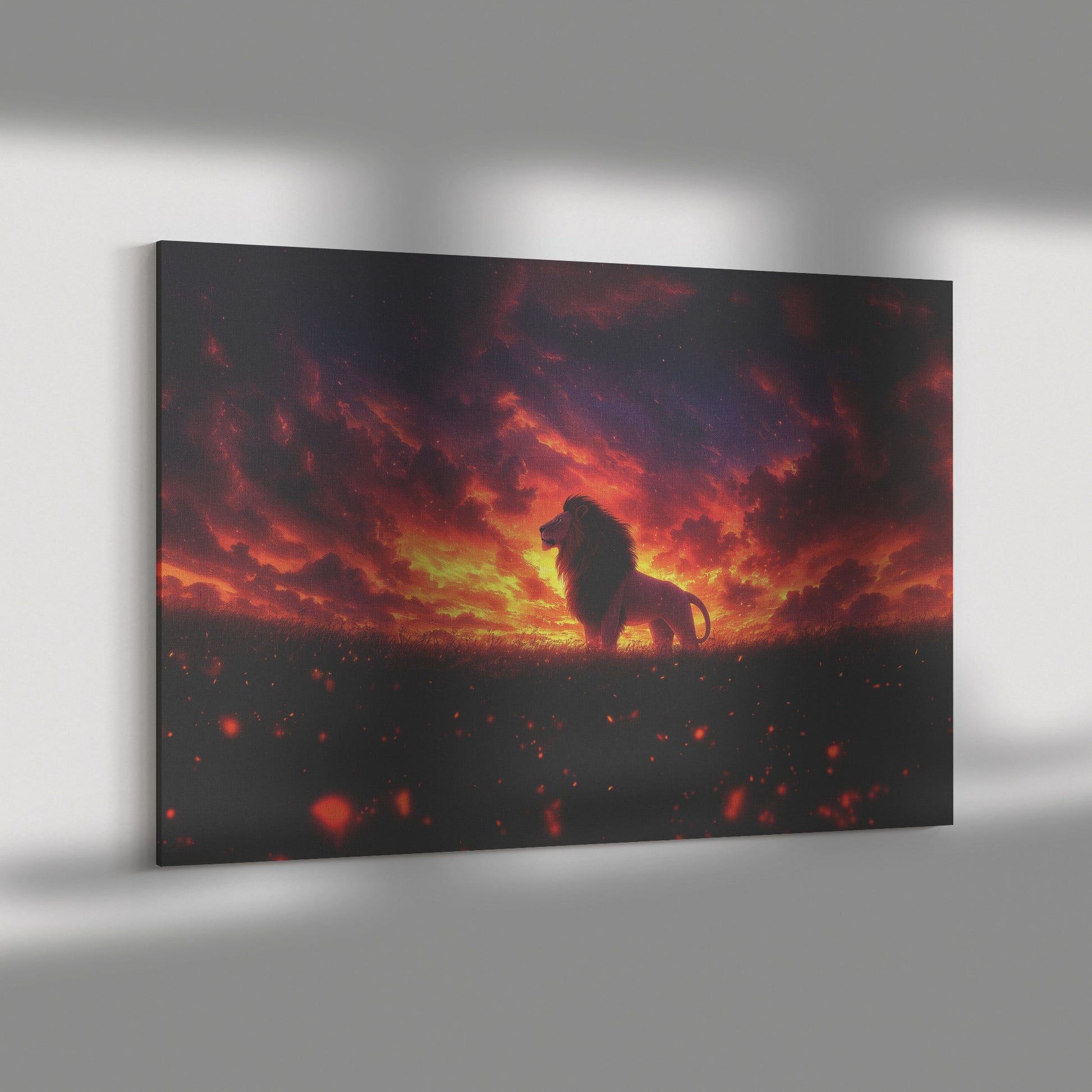 Lion Silhouetted Against Glowing Orange and Purple Twilight Sky Surrounded by Swirling Golden Mist Canvas Wall Art Decor - Awakening Righteousness