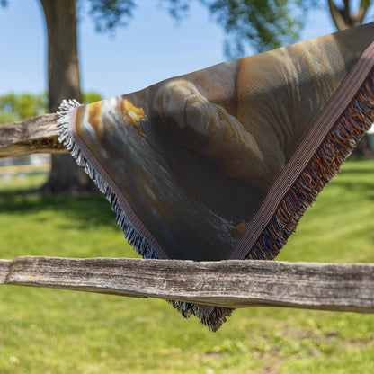 Serene Lion and Baby Lamb Resting Together in Golden Sunlight Christian Woven Throw Blanket Embodying Peace Unity and Divine Tranquility - Awakening Righteousness