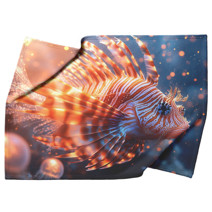 Lionfish_Swimming_Near_Glowing_Jellyfish_H_Blanket_Top_Bottom_Folds_Mockup.png