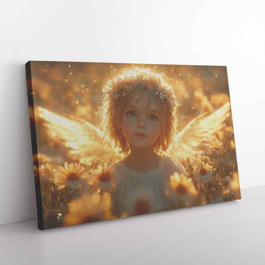 Little Angel Girl with Golden Wings Surrounded Daisies and Soft Warm Light  Enchanting Canvas Wall Art for Nursery Living Room or Home Decor - Awakening Righteousness