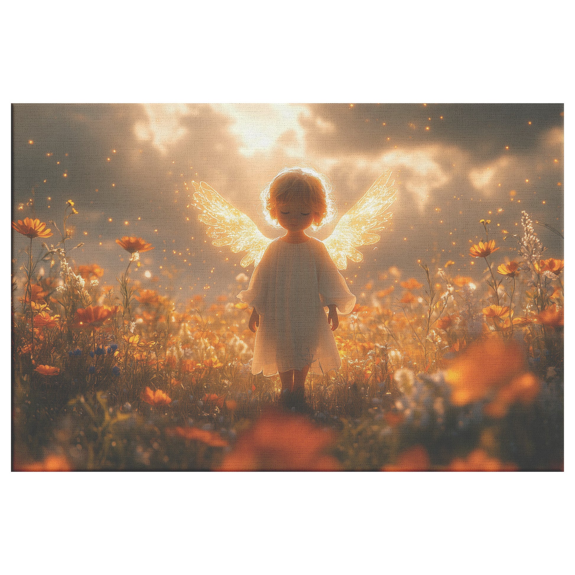 Little Angel with Glowing Wings and Shining Golden Light in a Flower Field  Spiritual Christian Canvas Art for Home Living Room Nursery or Inspirational Wall Decor - Awakening Righteousness