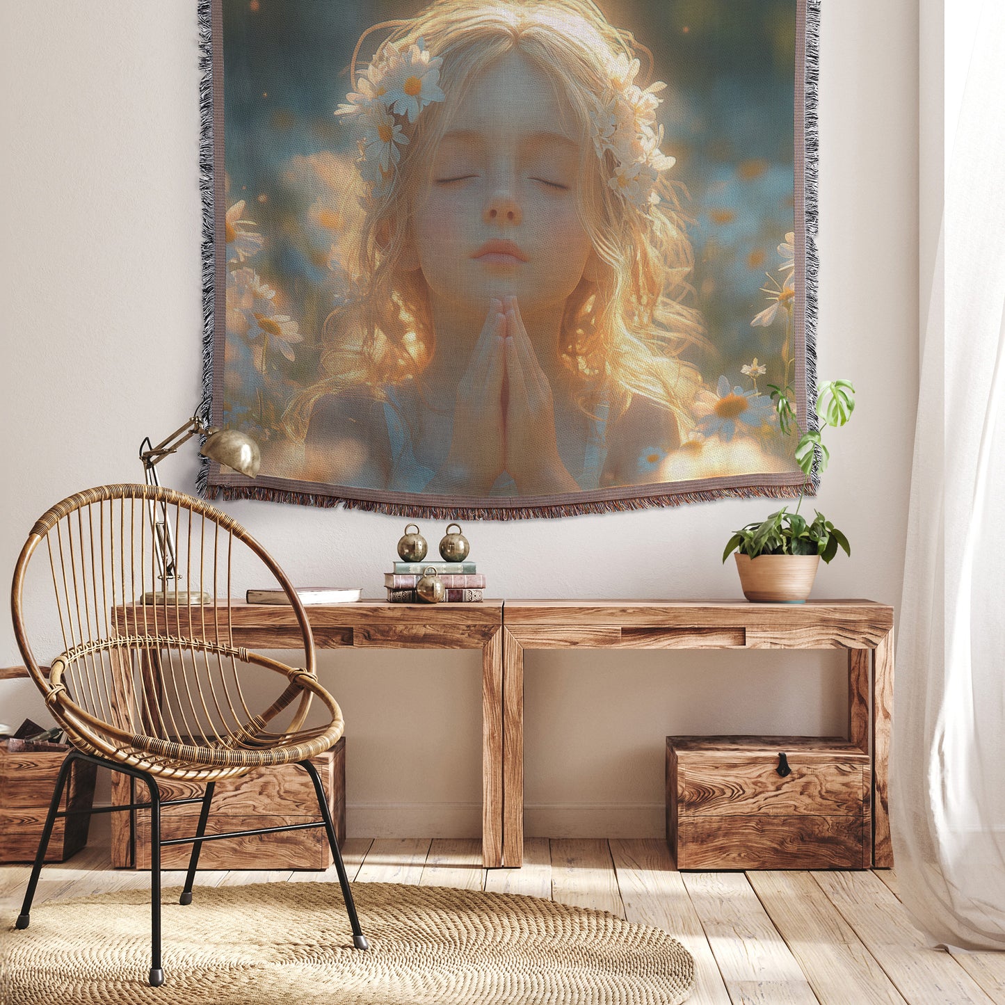 Little Girl Praying in a Field of Daisies  Serene Christian Woven Throw Blanket with Soft Golden Light Peaceful Prayer and Divine Calm for Home Nursery or Sacred Space Decor - Awakening Righteousness