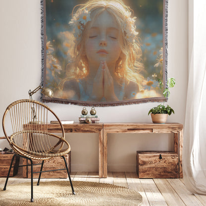 Little Girl Praying in a Field of Daisies  Serene Christian Woven Throw Blanket with Soft Golden Light Peaceful Prayer and Divine Calm for Home Nursery or Sacred Space Decor - Awakening Righteousness