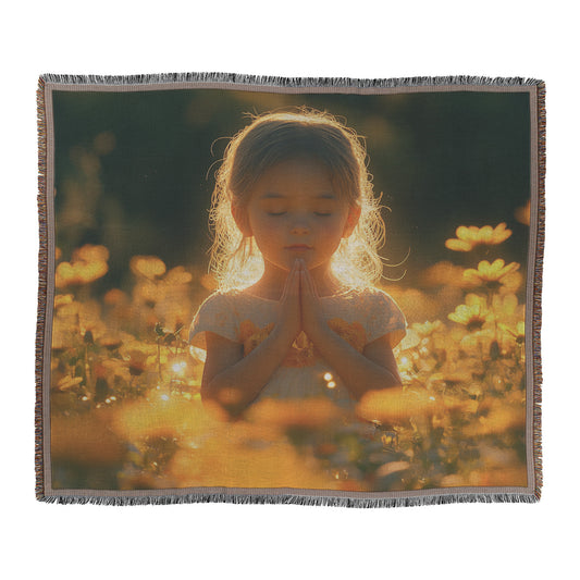 Little Girl Praying in a Field of Flowers  Uplifting Christian Woven Throw Blanket with Golden Sunshine Divine Peace and Childhood Innocence for Home or Sacred Space - Awakening Righteousness