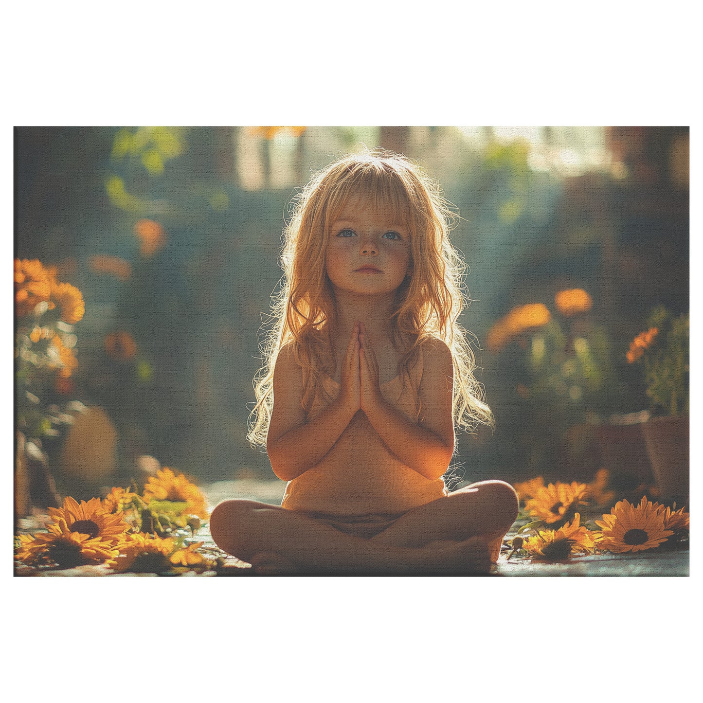 Little Girl in Lotus Position Praying Among Flowers  Christian Canvas Art Serene Prayerful Moment Golden Sunlight Peaceful and Calm Atmosphere Divine Tranquility - Awakening Righteousness