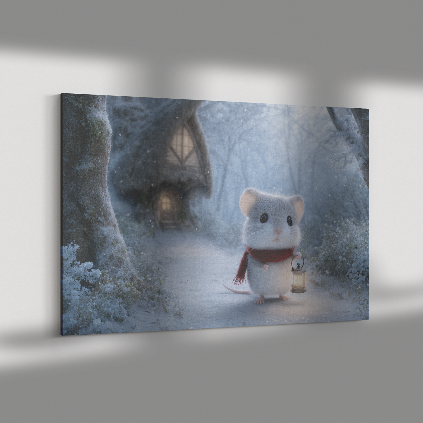 Little Mouse with Lantern Walking Snowy Path to Treehouse in Red Scarf Canvas Wall Art