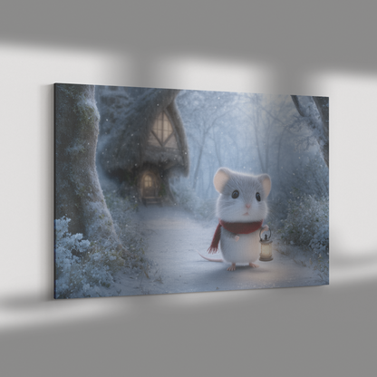 Little Mouse with Lantern Walking Snowy Path to Treehouse in Red Scarf Canvas Wall Art