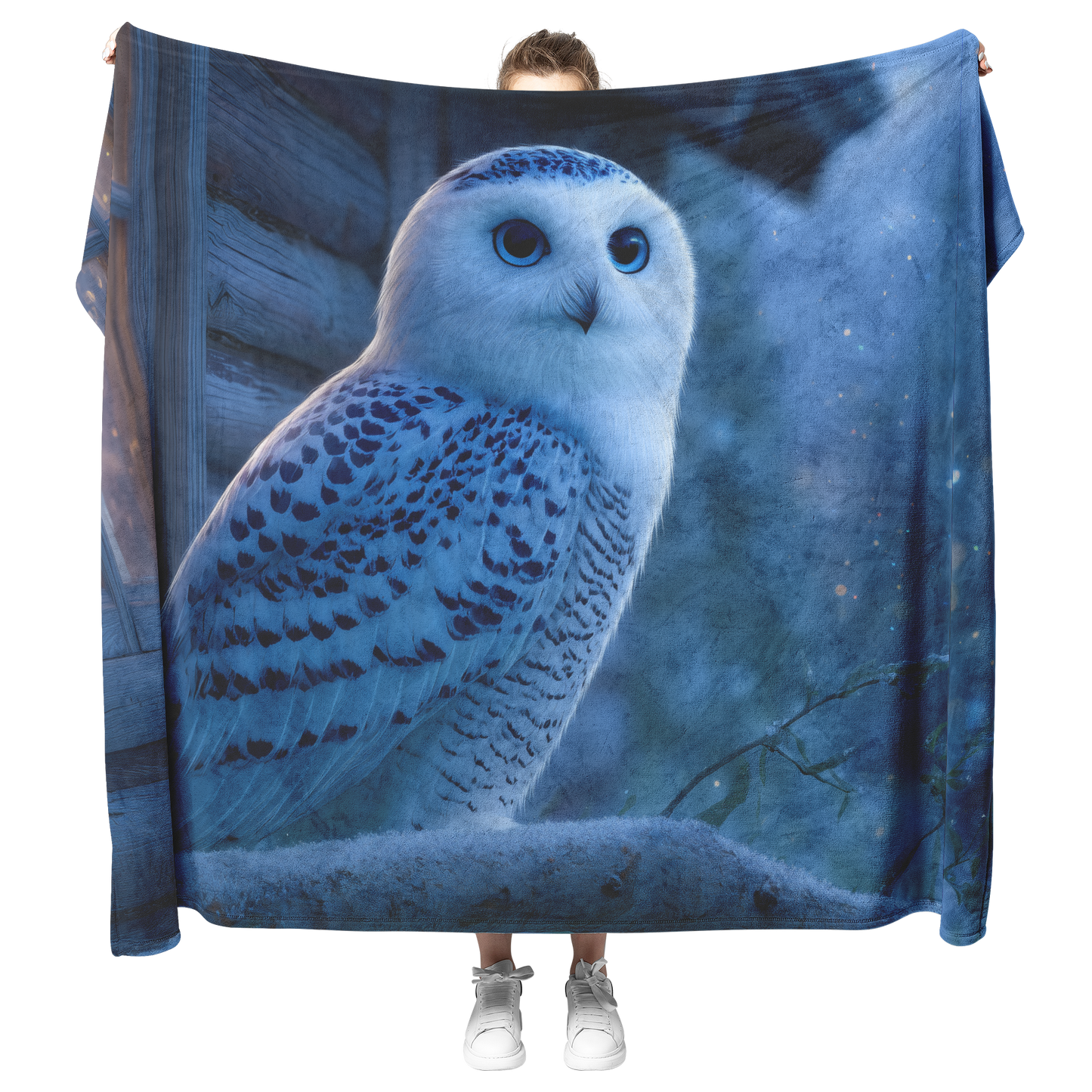 Magical_Owl_With_Blue_Eyes_Perched_On_Gl_H_Blanket_Model_Mockup.png