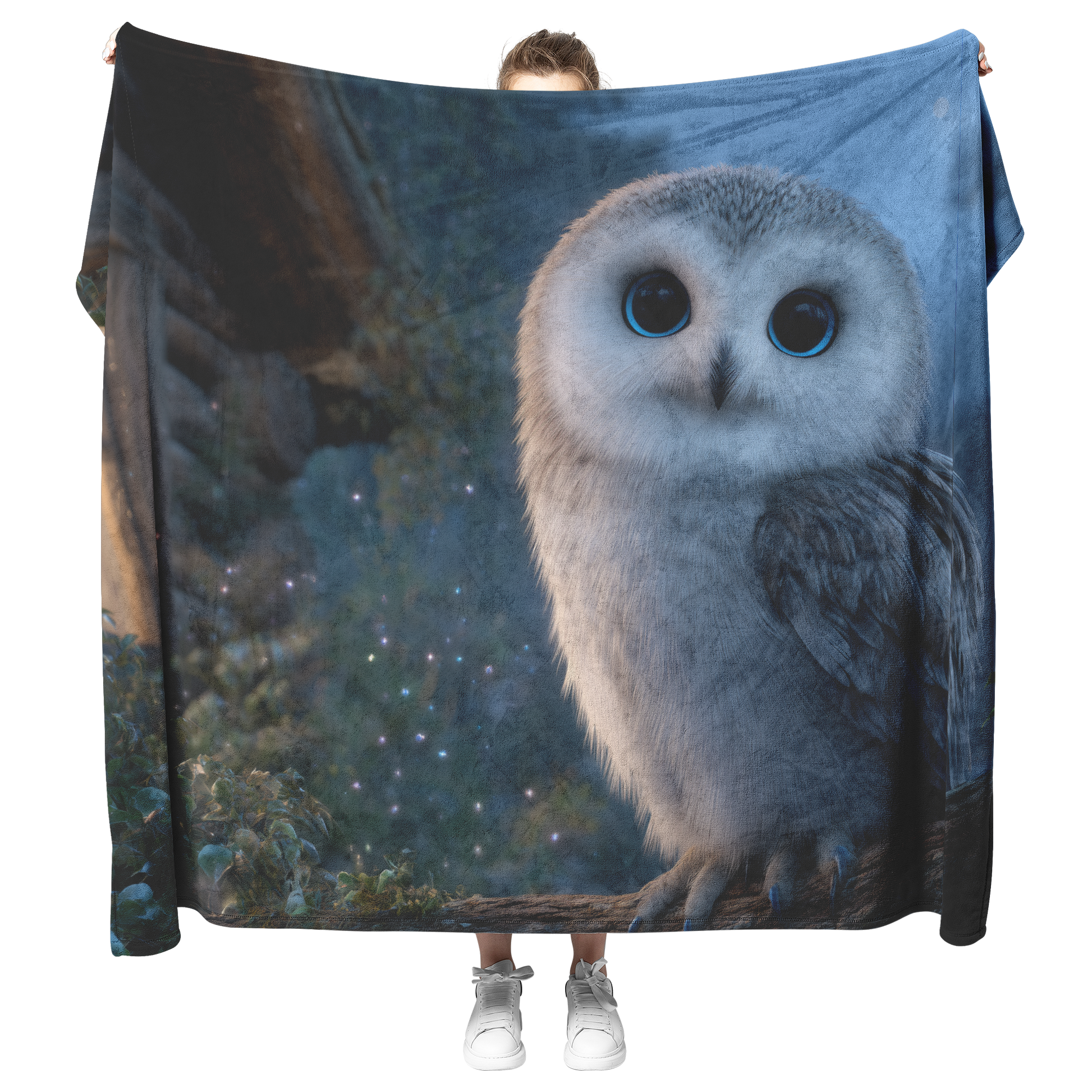 Magical_Owl_With_Blue_Eyes_Perched_On_Gl_H_Blanket_Model_Mockup.png