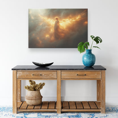 Majestic Angel with Golden Wings Floating Amidst Clouds and Fire  Divine Light Ethereal Glow Heavenly Power Christian Canvas Art Awe-Inspiring Beauty - Awakening Righteousness