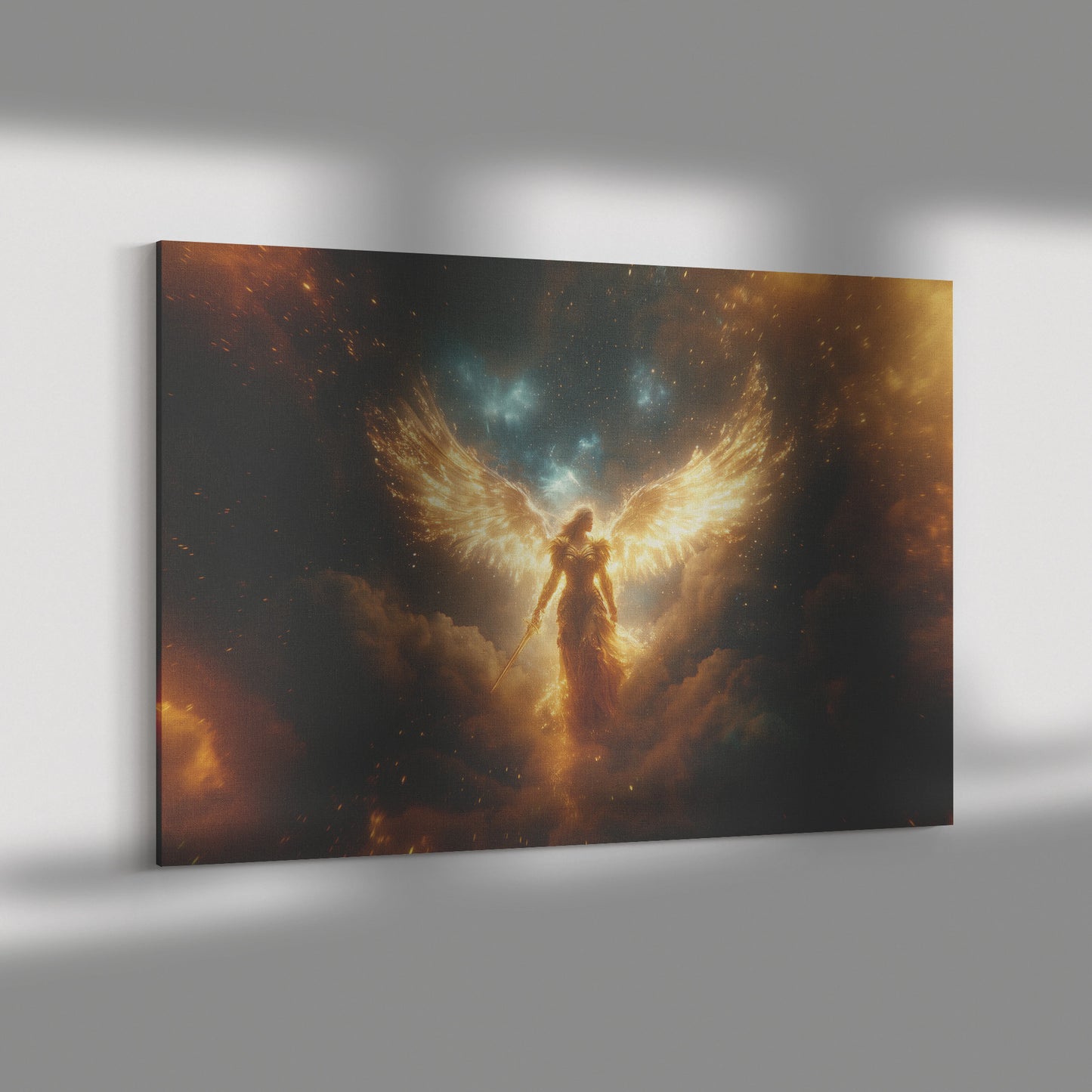 Majestic Angel with Golden Wings and Iron Sword Surrounded Swirling Fire Clouds  Divine Christian Canvas Art of Strength and Protection Heavenly Light Against a Starry Sky - Awakening Righteousness