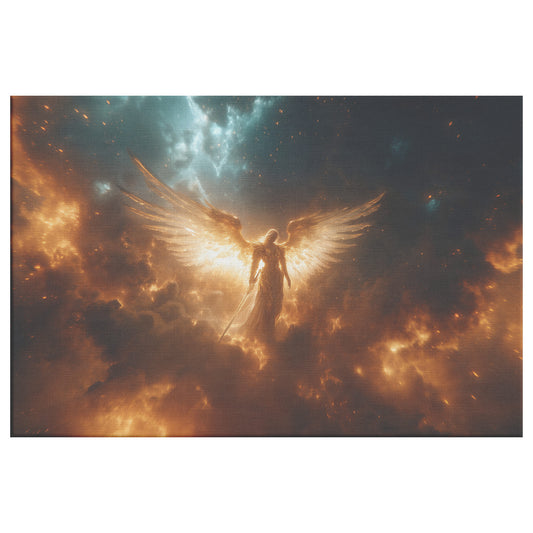 Majestic Angel with Outstretched Wings Radiating Divine Light in a Fiery Sky  Christian Canvas Art for Inspiration and Strength - Awakening Righteousness