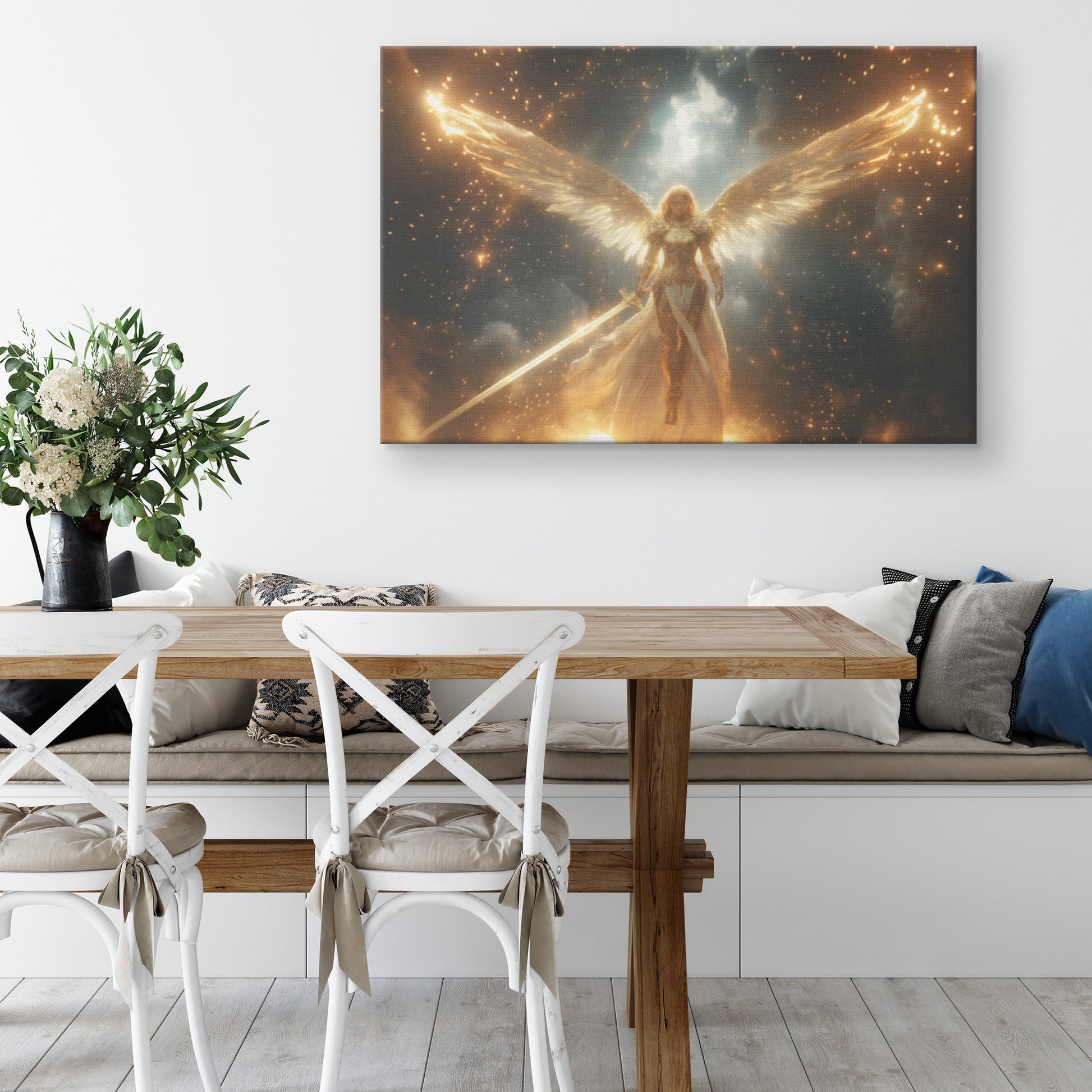 Majestic Angelic Woman with Golden Wings and Glowing Sword in Space  Divine Light Otherworldly Backdrop  Christian Canvas Art for Home Living Room or Office  Heavenly Wall Decor - Awakening Righteousness
