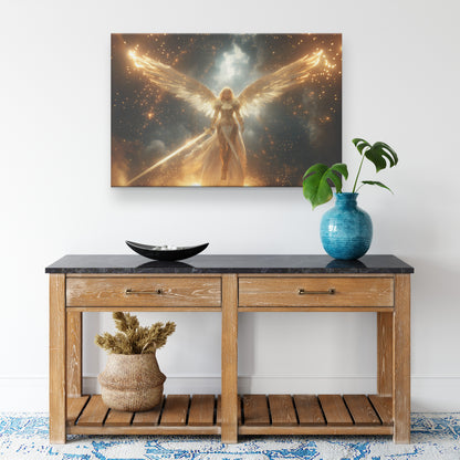 Majestic Angelic Woman with Golden Wings and Glowing Sword in Space  Divine Light Otherworldly Backdrop  Christian Canvas Art for Home Living Room or Office  Heavenly Wall Decor - Awakening Righteousness