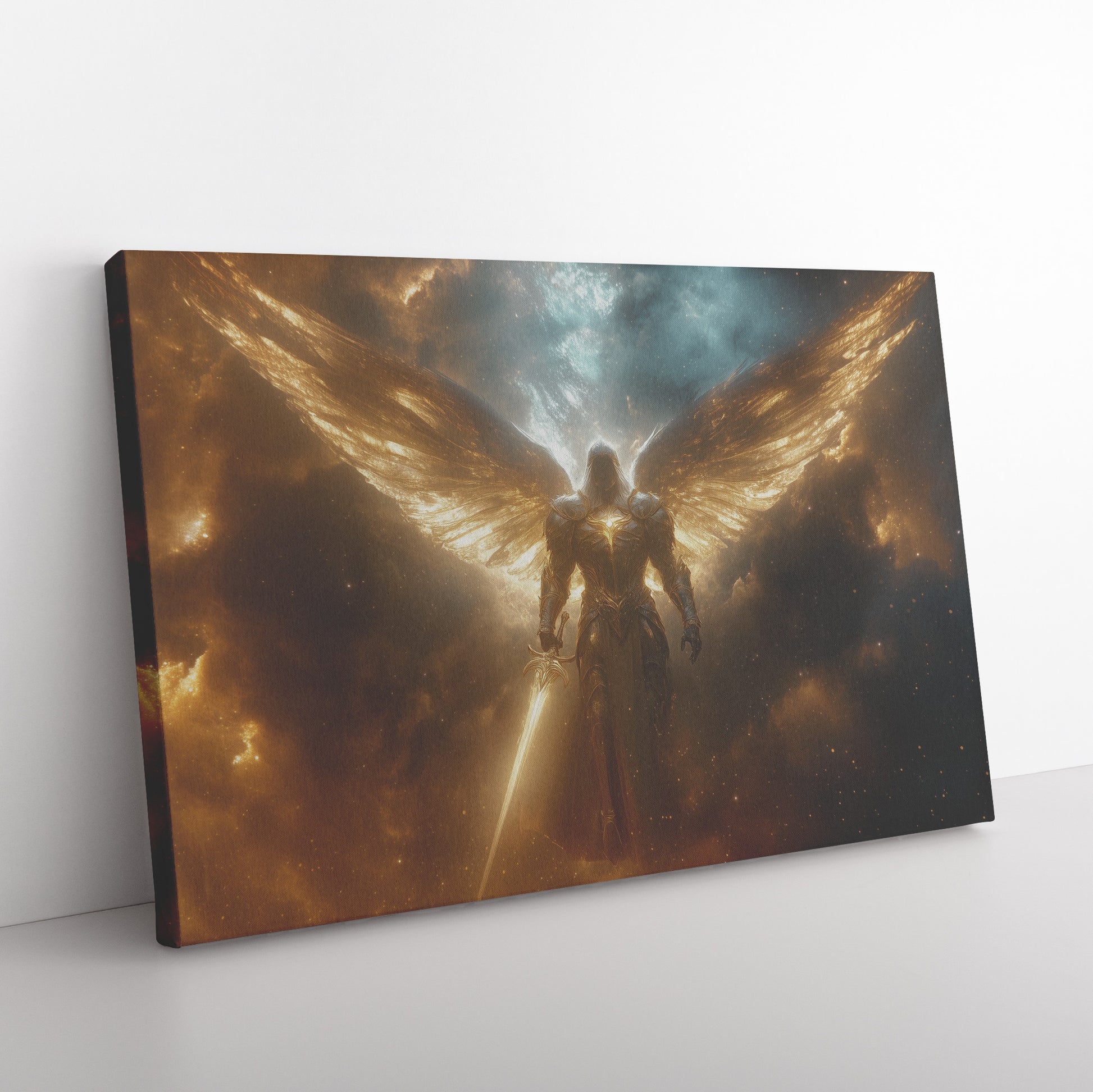 Majestic Archangel in Gold Armor with Golden Wings Holding a Sword of Light  Celestial Background in Heavenly Glory - Awakening Righteousness