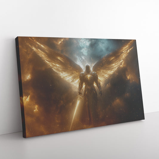 Majestic Archangel in Gold Armor with Golden Wings Holding a Sword of Light  Celestial Background in Heavenly Glory - Awakening Righteousness