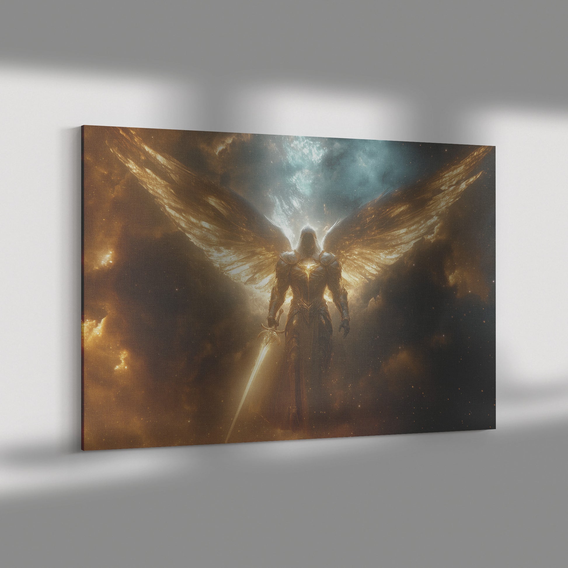 Majestic Archangel in Gold Armor with Golden Wings Holding a Sword of Light  Celestial Background in Heavenly Glory - Awakening Righteousness