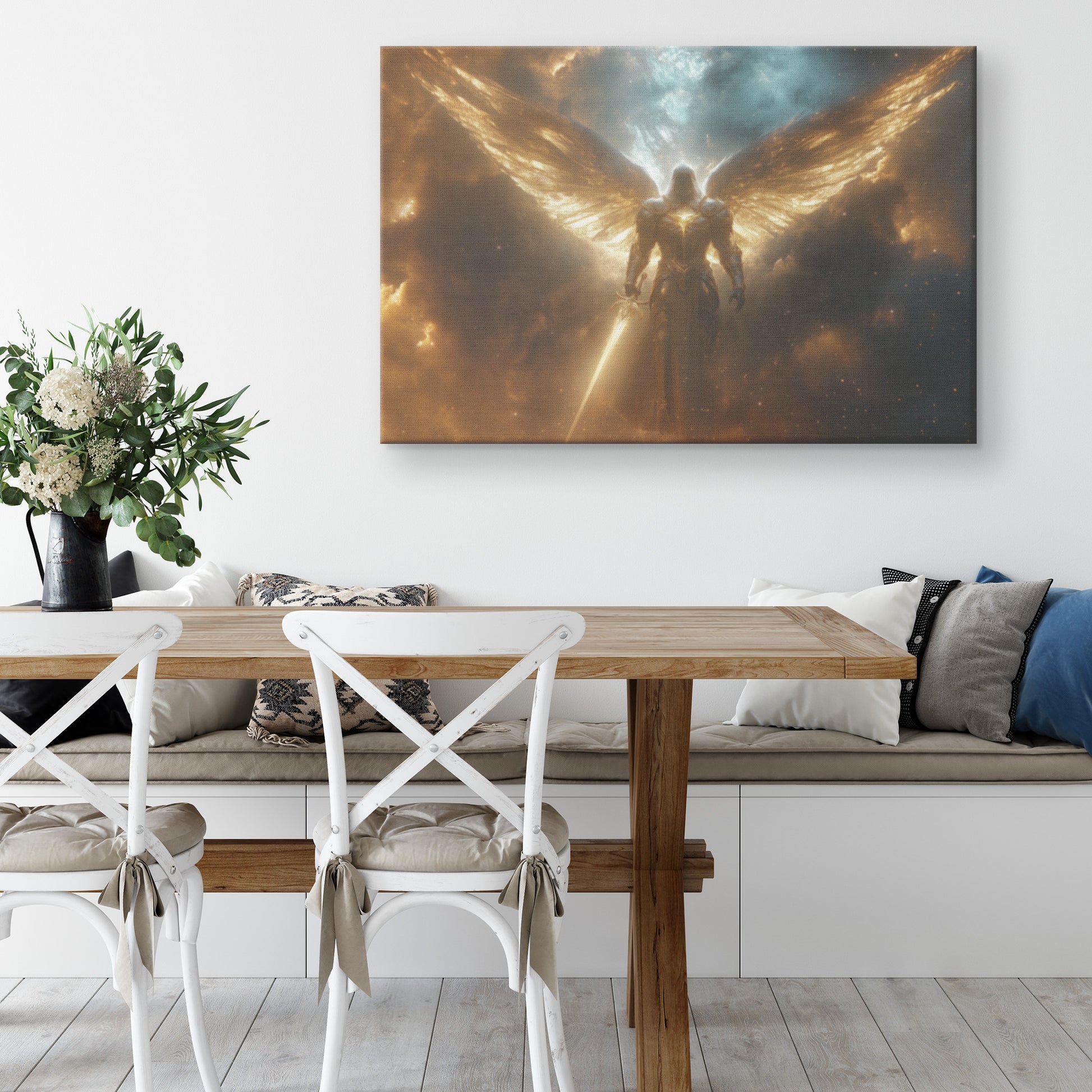 Majestic Archangel in Gold Armor with Golden Wings Holding a Sword of Light  Celestial Background in Heavenly Glory - Awakening Righteousness