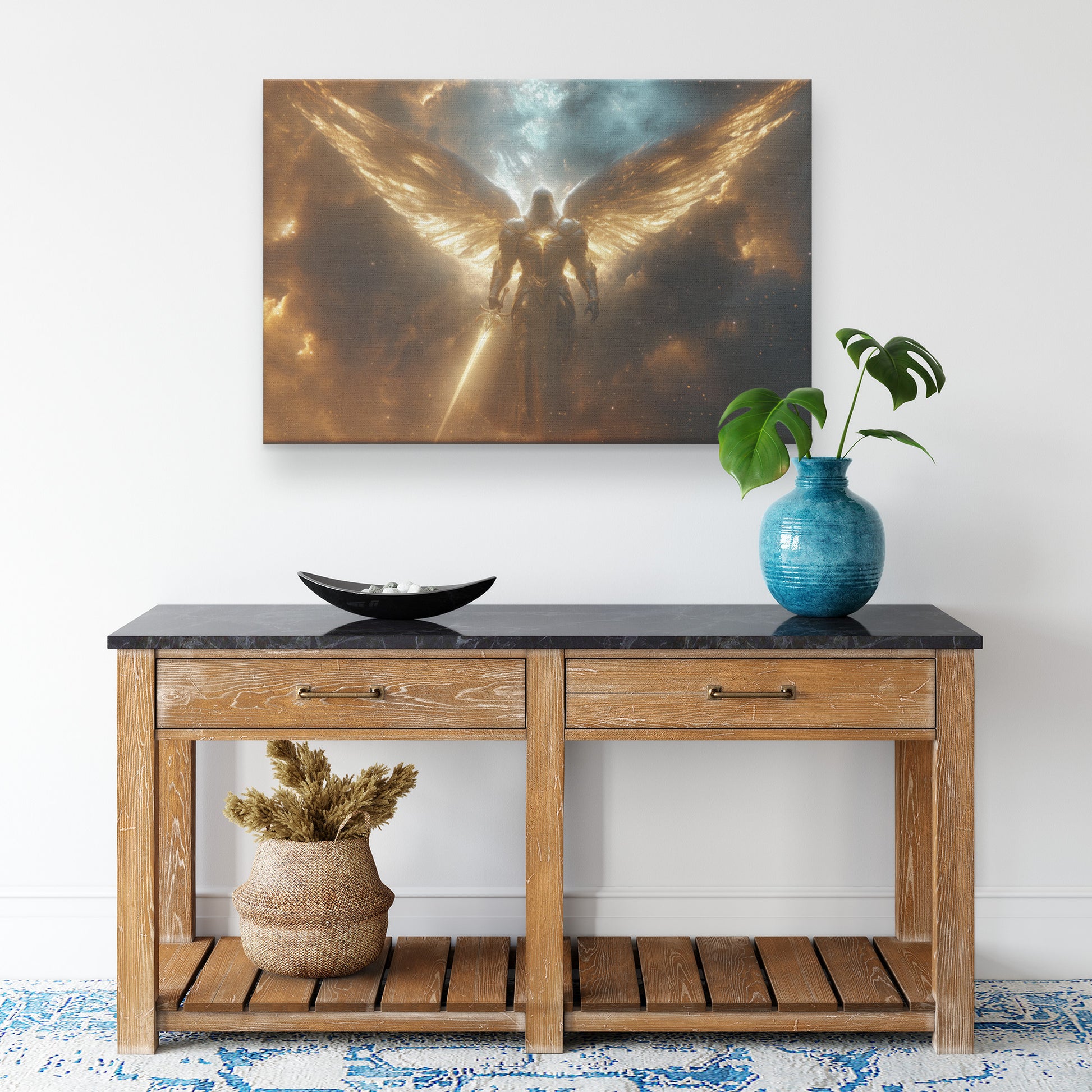 Majestic Archangel in Gold Armor with Golden Wings Holding a Sword of Light  Celestial Background in Heavenly Glory - Awakening Righteousness