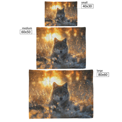 Majestic Wolf Cozy Fleece and Sherpa Blanket Gracefully Sitting in Tall Grasses with a Sunset Glow and Snowflakes Falling - Awakening Righteousness