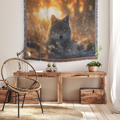 Majestic Wolf Woven Throw Blanket with Sunset Glow and Falling Snowflakes - Awakening Righteousness