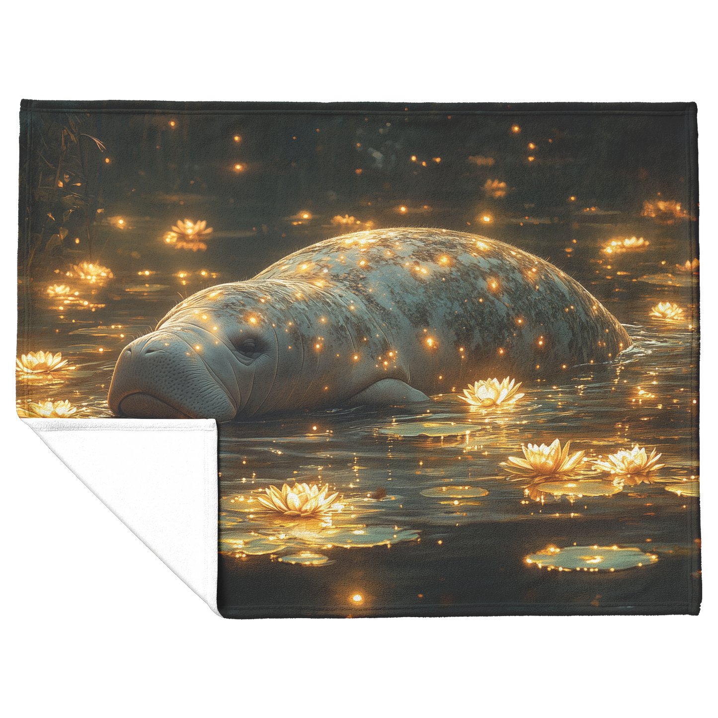 Manatee_Swimming_Through_Glowing_Lily_Pa_H_Blanket_Flat_Fold_Mockup.png