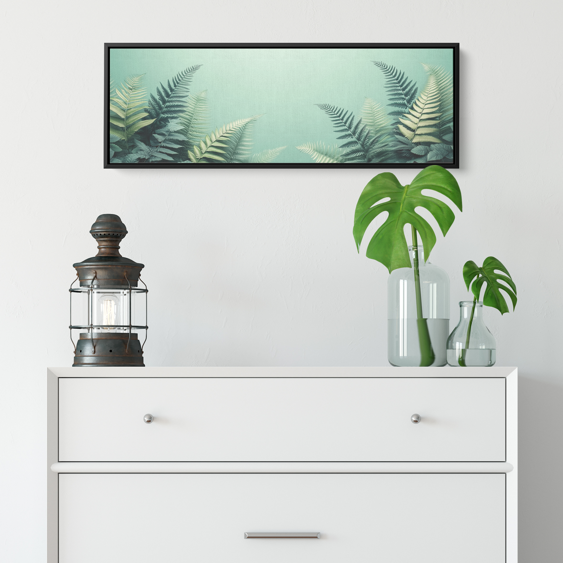Minimalist Artwork Fern Leaves Monochrome Gray Tones Light Green Background Ultra High Definition Clean Design Panoramic Framed Canvas Wall Art - Awakening Righteousness