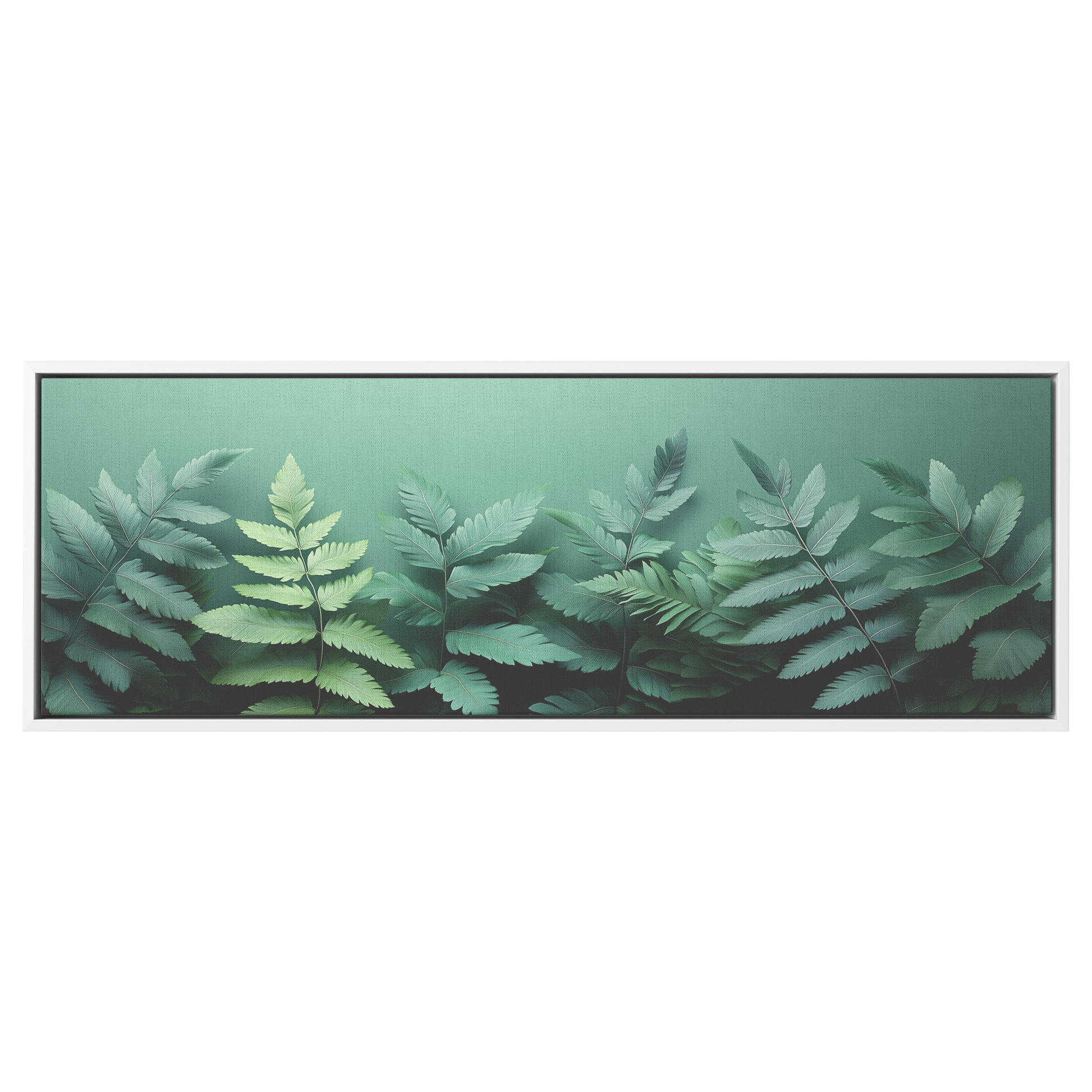 Minimalist Artwork Fern Leaves Monochrome Gray Tones Light Green Background Ultra High Definition Clean Design Panoramic Framed Canvas Wall Art - Awakening Righteousness