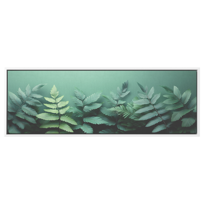 Minimalist Artwork Fern Leaves Monochrome Gray Tones Light Green Background Ultra High Definition Clean Design Panoramic Framed Canvas Wall Art - Awakening Righteousness