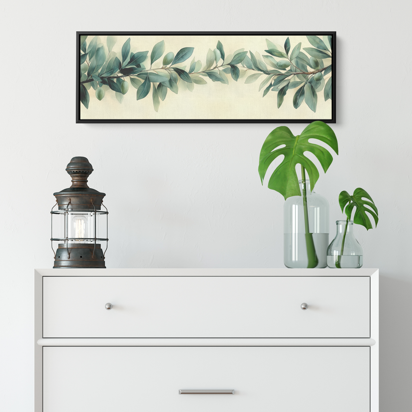 Minimalist Artwork Olive Branches Muted Green Tones Cream Background Ultra High Definition Elegant Simplicity Panoramic Framed Canvas Wall Art - Awakening Righteousness