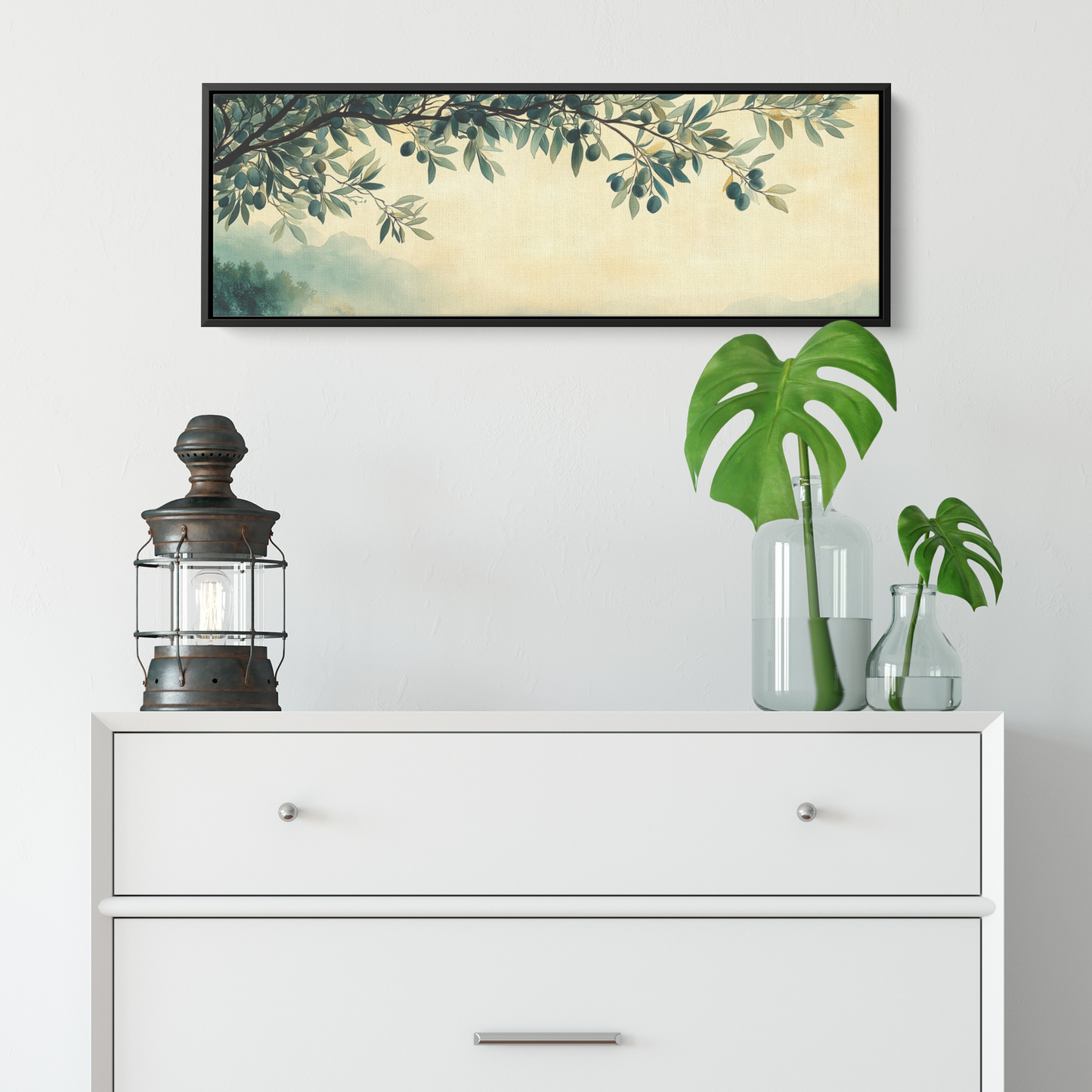 Minimalist Artwork Olive Branches Muted Green Tones Cream Background Ultra High Definition Elegant Simplicity Panoramic Framed Canvas Wall Art - Awakening Righteousness