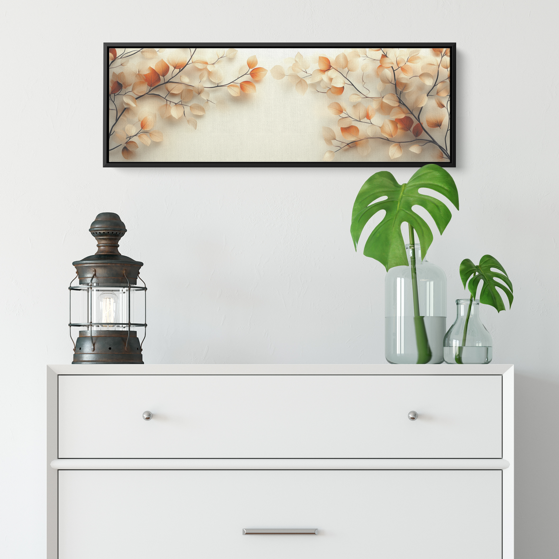 Minimalist Artwork Simple Leaves Vines Neutral Beige Tones White Background Elegant Line Art Ultra High Definition Modern Aesthetic Panoramic Framed Canvas Wall Art - Awakening Righteousness