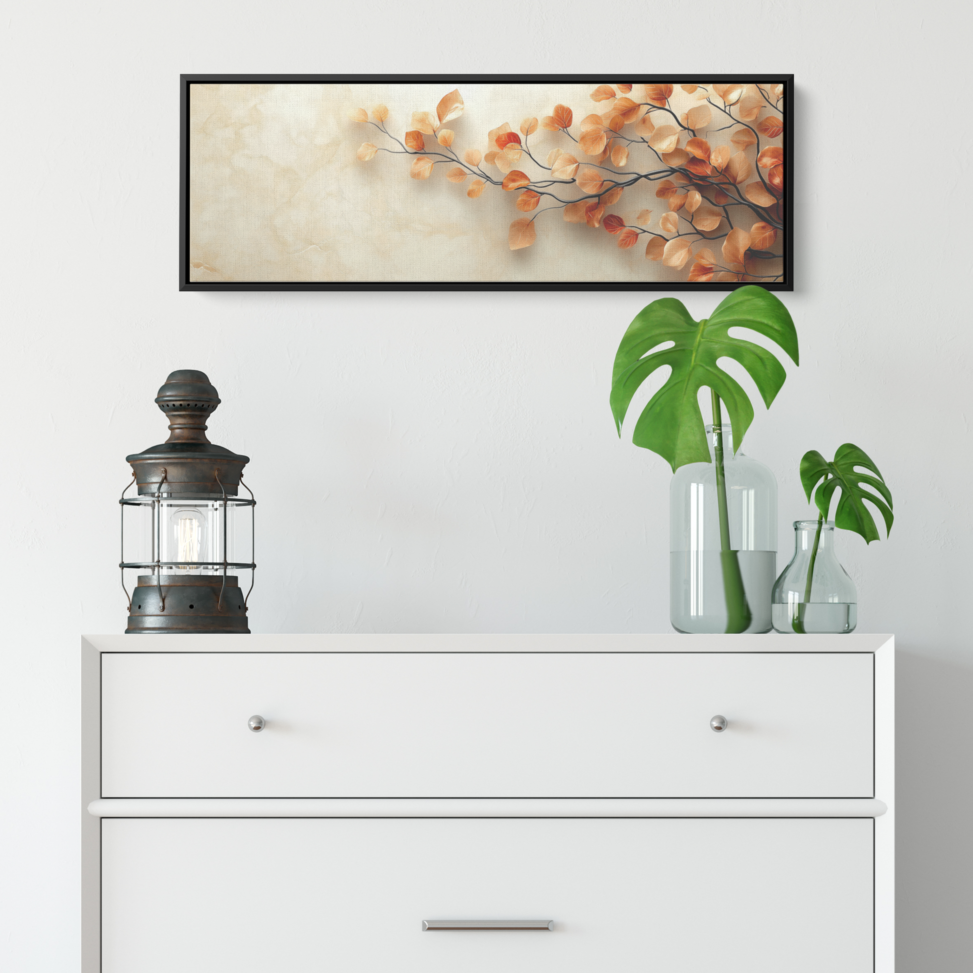 Minimalist Artwork Simple Leaves Vines Neutral Beige Tones White Background Elegant Line Art Ultra High Definition Modern Aesthetic Panoramic Framed Canvas Wall Art - Awakening Righteousness