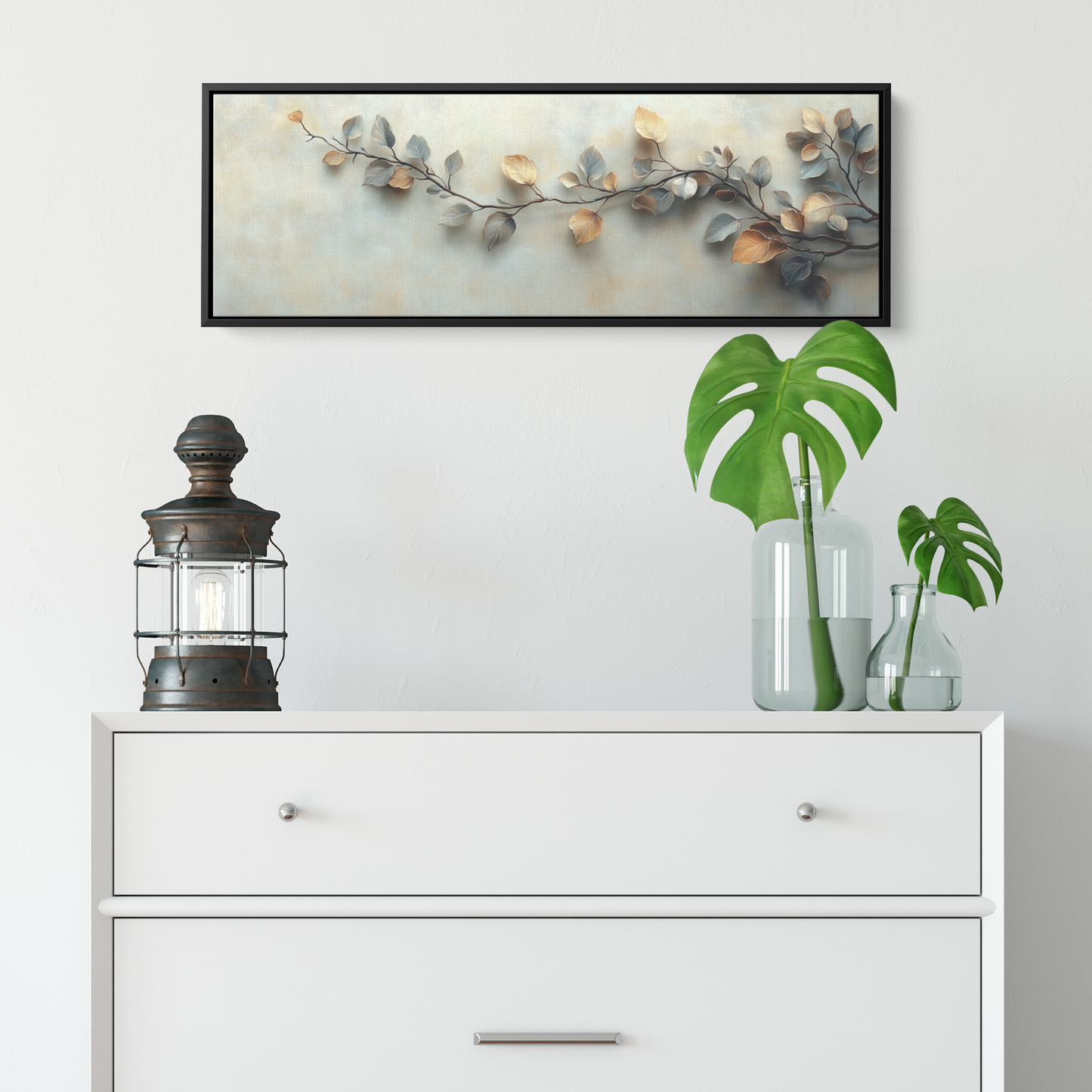 Minimalist Artwork Single Vine Delicate Leaves Soft Neutral Tones Matte Beige Background Ultra High Definition Panoramic Framed Canvas Wall Art - Awakening Righteousness