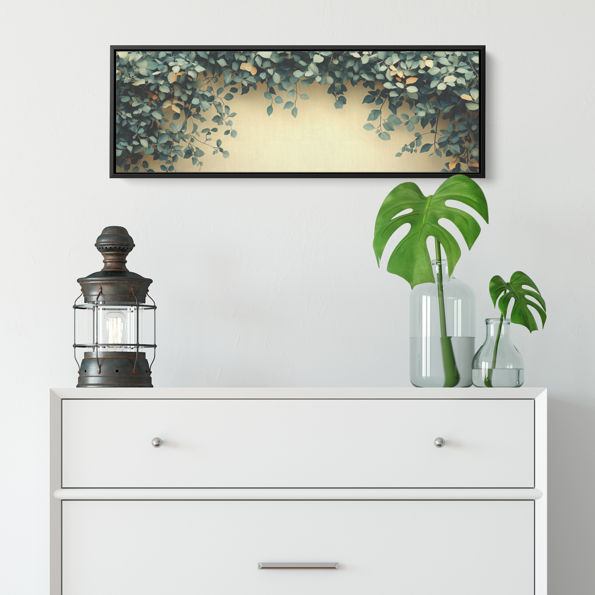 Minimalist Artwork Trailing Ivy Vines Monochrome Warm Taupe Background Ultra High Definition Refined Line Art Panoramic Framed Canvas Wall Art - Awakening Righteousness