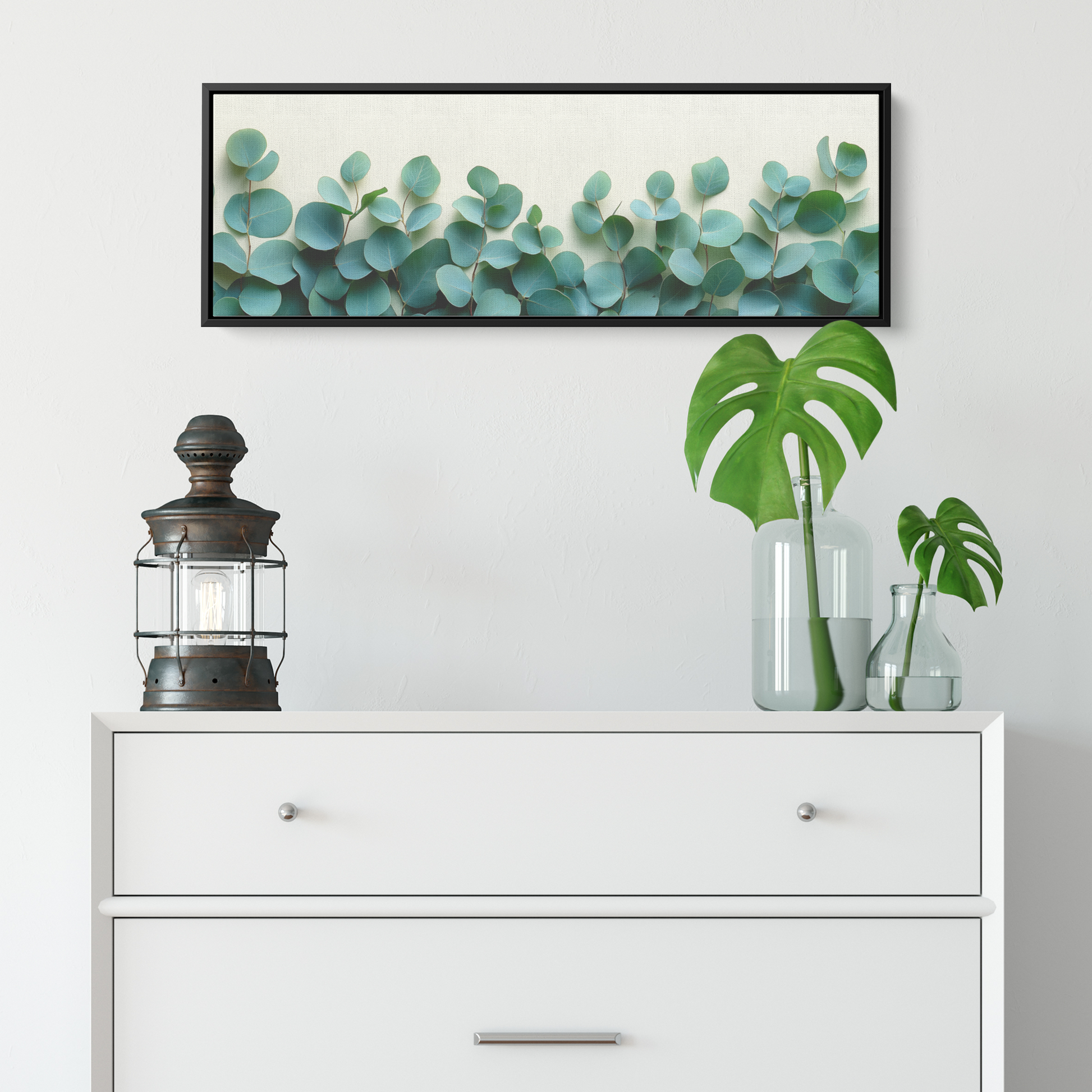 Minimalist Botanical Print Eucalyptus Leaves Subtle Green Watercolor Accents Cream Background Ultra High Definition Panoramic Framed Canvas Wall Art - Awakening Righteousness