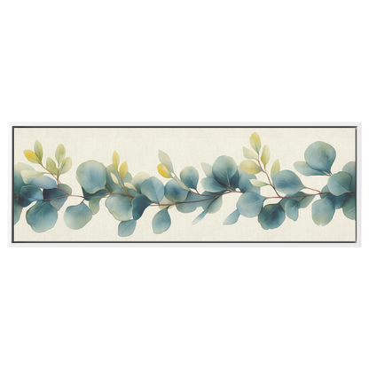 Minimalist Botanical Print Eucalyptus Leaves Subtle Green Watercolor Accents Cream Background Ultra High Definition Panoramic Framed Canvas Wall Art - Awakening Righteousness