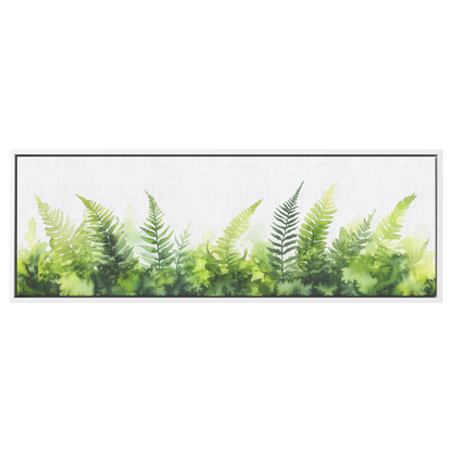 Minimalist Botanical Print Ferns Soft Green Watercolor Washes White Background Ultra High Definition Elegant Simplicity Panoramic Framed Canvas Wall Art - Awakening Righteousness