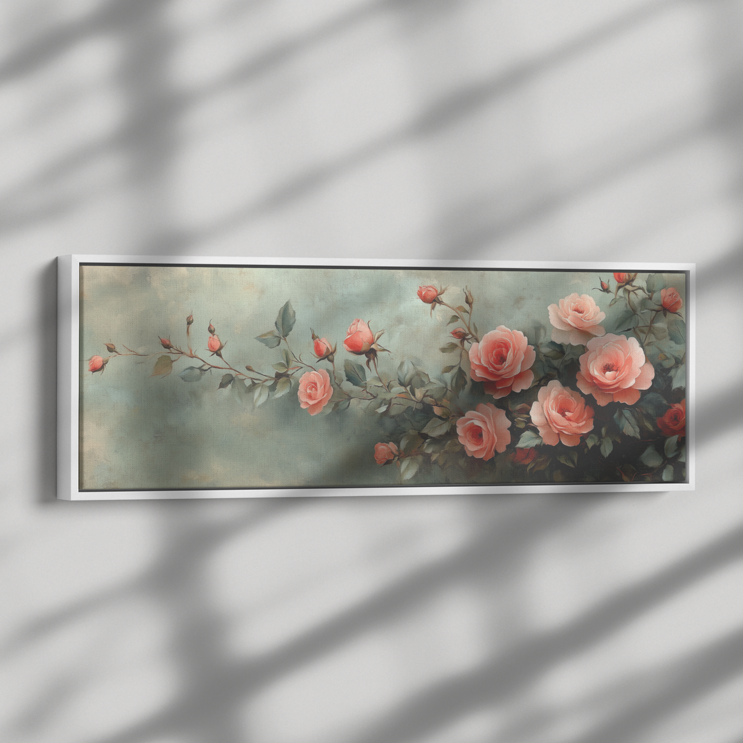 Minimalist Botanical Print Roses Delicate Watercolor Accents Pastel Pink Green Tones Ultra High Definition Soft Textured Background Panoramic Framed Canvas Wall Art - Awakening Righteousness