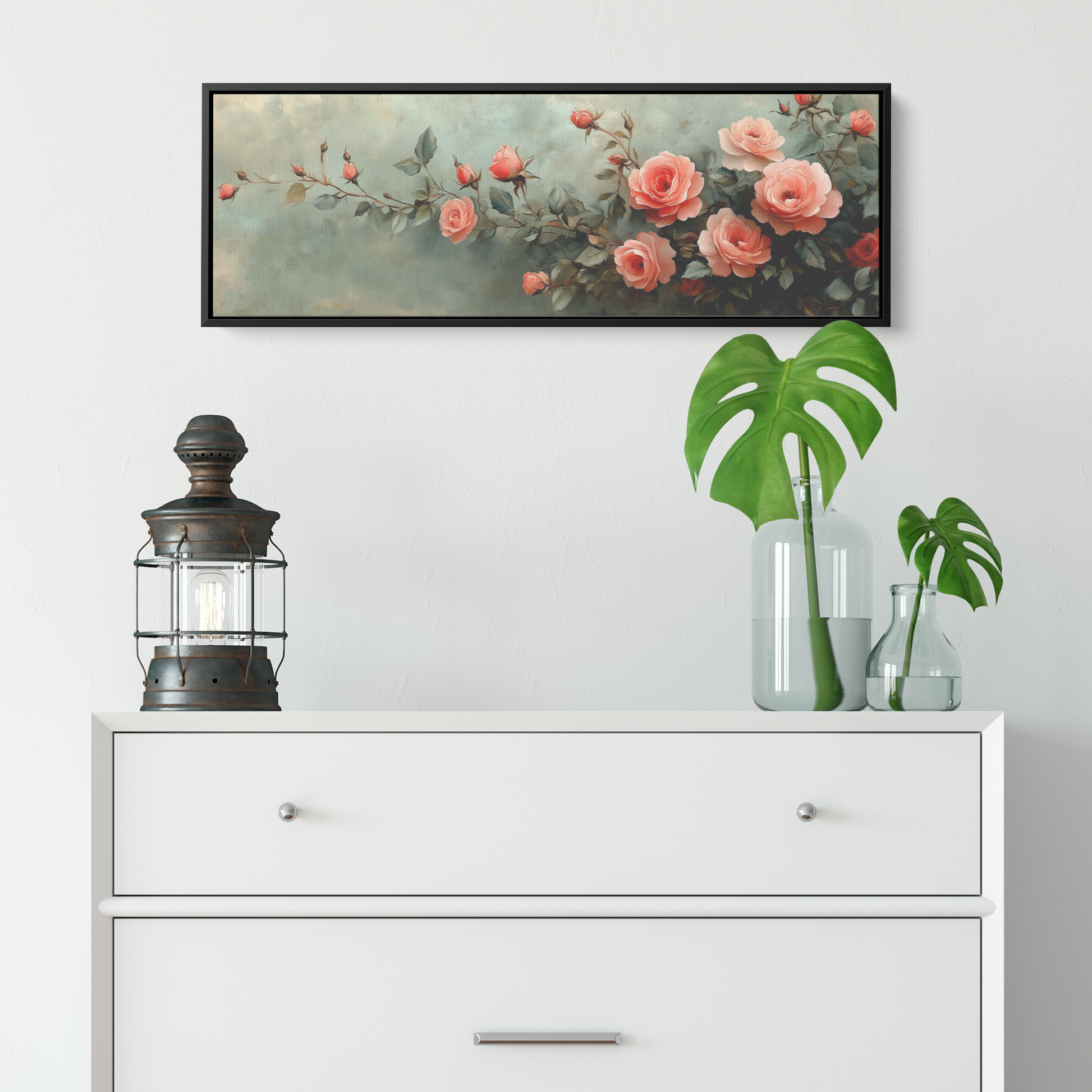 Minimalist Botanical Print Roses Delicate Watercolor Accents Pastel Pink Green Tones Ultra High Definition Soft Textured Background Panoramic Framed Canvas Wall Art - Awakening Righteousness