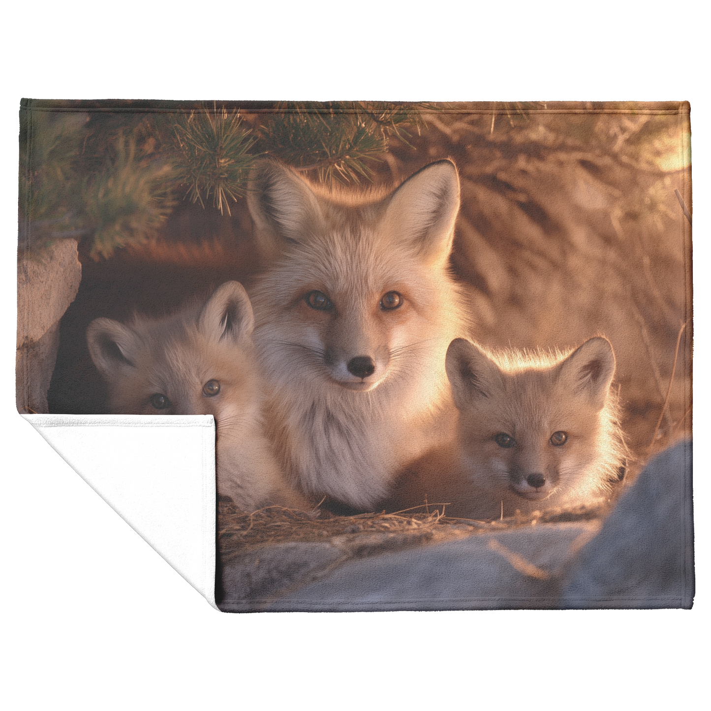 Mother_Fox_And_Cubs_Snuggled_In_Glowing__H_Blanket_Flat_Fold_Mockup.png
