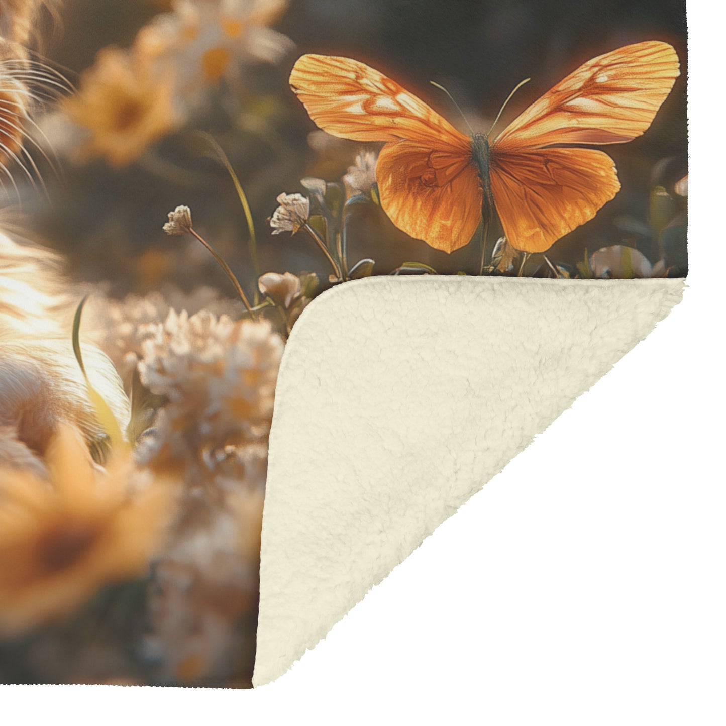 Playful Golden Retriever Puppy with Blue Eyes Playing in Flowers with Orange Butterfly Cozy Fleece and Sherpa Blanket - Awakening Righteousness