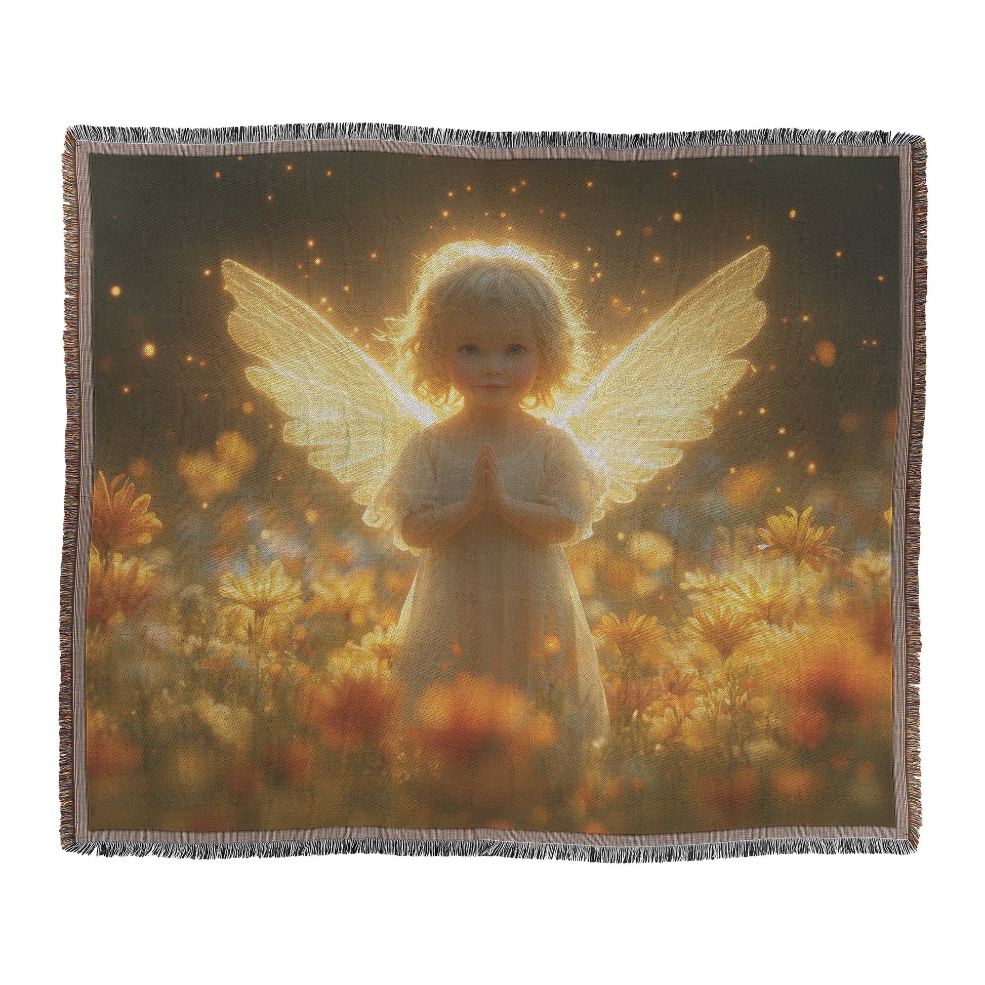 Prayerful Angel in a Radiant Flower Field  Peaceful Christian Woven Throw Blanket for Tranquility and Reflection - Awakening Righteousness