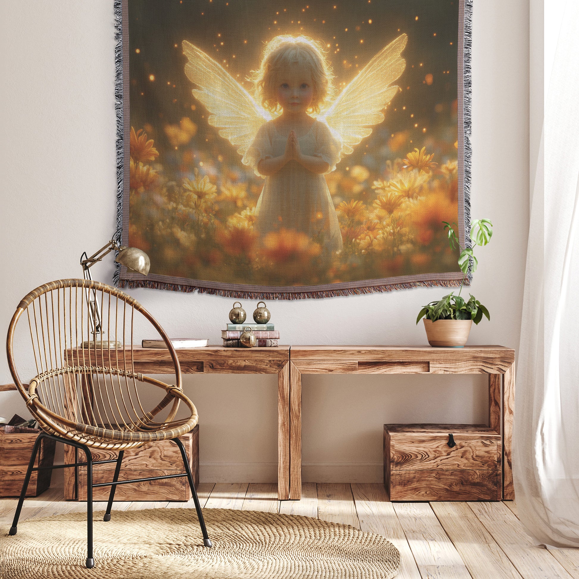 Prayerful Angel in a Radiant Flower Field  Peaceful Christian Woven Throw Blanket for Tranquility and Reflection - Awakening Righteousness