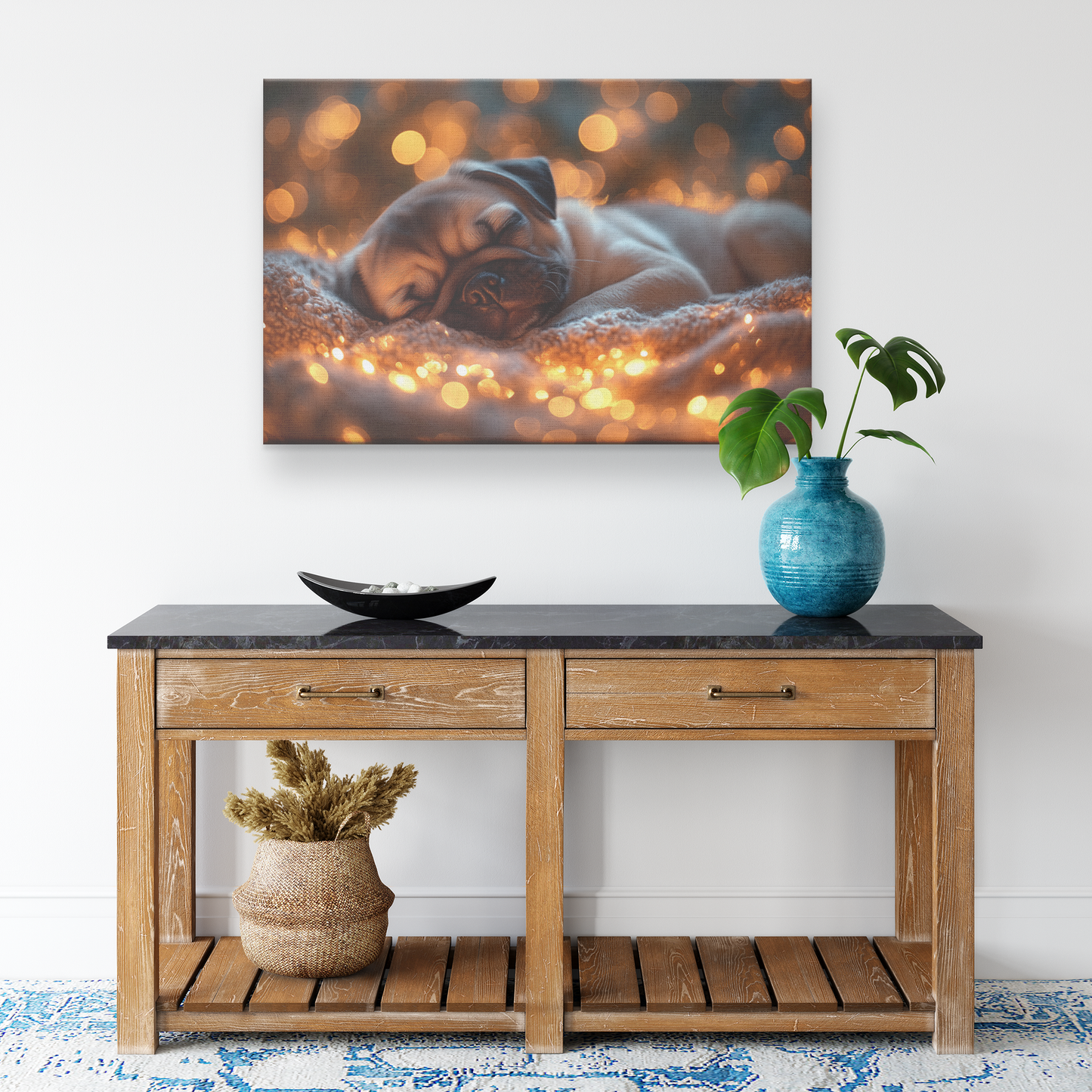 Pug_Puppy_Sleeping_on_Glowing_Cozy_Blank_H_Rectangle_Smaller_Lifestyle_Mockup.png