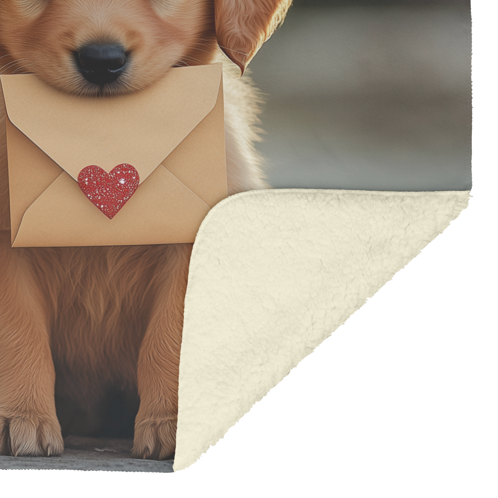 Puppy Sitting with Valentine Envelope in Mouth Fluffy Fur Tail Wagging Blue Eyes Warm Loving Glow Photorealistic High Resolution Sherpa Fleece Blanket