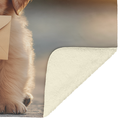 Puppy Sitting with Valentine Envelope in Mouth Sherpa Fleece Throw Blanket Cute Cozy Design Loving Valentines Day Gift